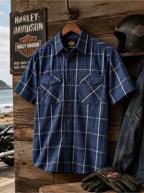 Harley-Davidson Blue Plaid‎ Twill Work Shirt Men’s Large Snap Front Cotton